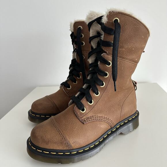 Dr Martens Aimilita Boots Women 8 Brown Leather Lace Up Fur Lined Grizzly Tan 39 - Picture 3 of 11